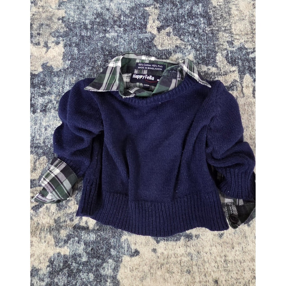 Happy Fella Baby Boys Navy Blue Knit Sweater and Green Plaid Shirt Set 3/6M